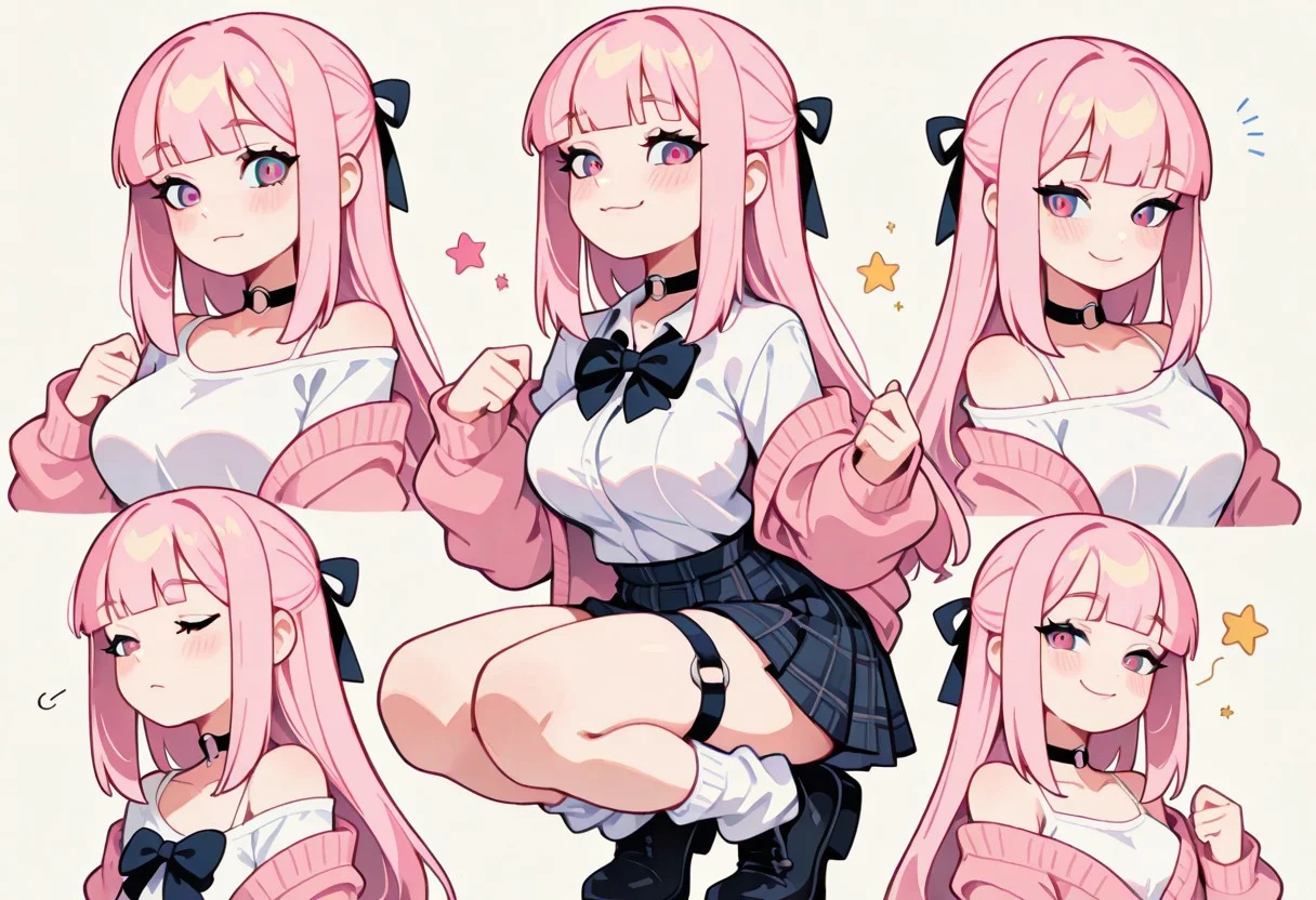 1 girl , solo , blushing , closed mouth , bratty smile , eyelashes , cute , long straight hair , blunt bangs , winking , star , ribbon , hair ribbon ,
large breasts, slim , slender , navel ,
thigh strap, choker, o-ring choker, pink cardigan, bowtie, white shirt, shirt open, tucked in, plaid skirt, pleated skirt, bare shoulder, white socks, loose socks, black footwear,
squatting,
masterpiece, best quality ,amazing quality ,S4bit4mago_illu , Protoneon ,s0wasow4rt_illu, t1m3r