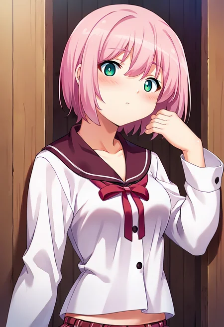 score_9, score_8_up, score_7_up, masterpiece, source_anime 1girl, ct_m0m0, aqua eyes, pink hair, short hair, medium breasts, white shirt, puffy long sleeves, red sailor collar, red neck ribbon, plaid skirt, looking at viewer, indoors, wooden wall, hand up, blush, <lora:SaotomeMomo_Pony_ct_ver2:1>