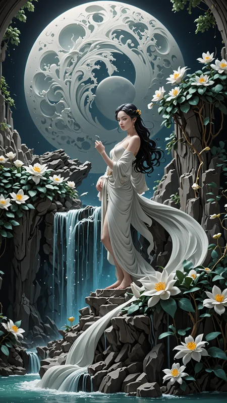 jade Sculpture, jade, Seascape, waterfall, floral background, pure white jade, Blue moon, cinematic light, trending on ArtStation , (intricate details, masterpiece, best quality), dynamic pose, (Use Dream Diffusion Secret Prompt), <lora:3D_Framed_Wall_Art_-_By_DICE:0.4>, (Framed 3D, Jade), UHD