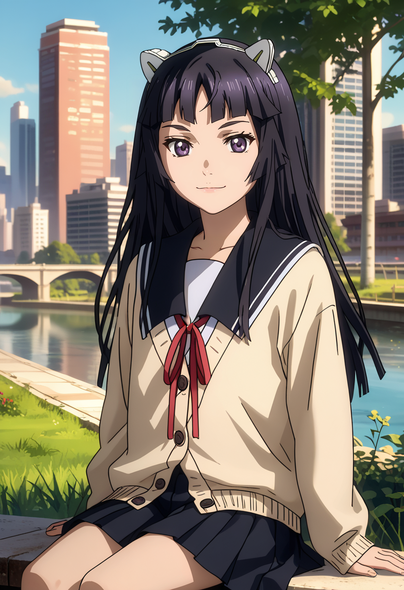 score_7_up, anime screencap,
<lora:GuiltyCrown_TsugumiXL:0.9>,
1girl, closed mouth, light smile,
long hair, black hair, hime cut, purple eyes, fake animal ears, hairband,
TsugumiSchool2, black sailor collar, cardigan, red ribbon, long sleeves, pleated skirt, black skirt,
sitting, looking at viewer, 
blurry background, city, grass, river, tree, riverbank