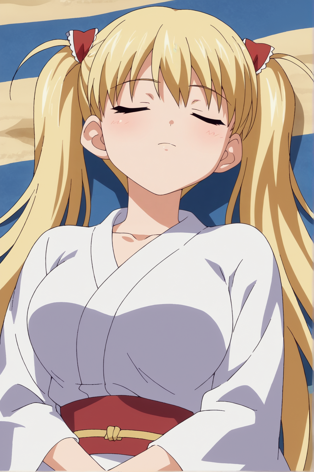 score_9, score_8_up, score_7_up,anime_source, source_anime, best background, detailed background, anime screencap,  Airi, 1girl, long hair, white kimono, close eyes, sleeping, laying down, breasts visible, solo, naughty face, from above,  outdoors, beach, sand,  <lora:Airi_Akitsuki:0.8>