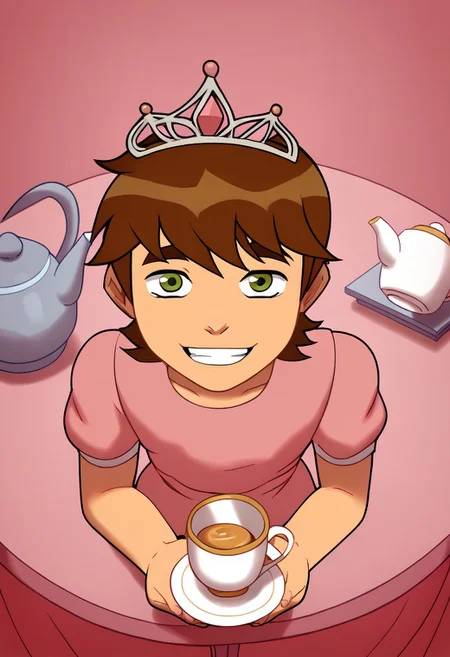 deadinsidestyle, (chb), from slight above angle, sitting at table, tea cup, tea pot, pink theme, pink dress, tiara, ((Solo)), Looking at viewer, Smiling,