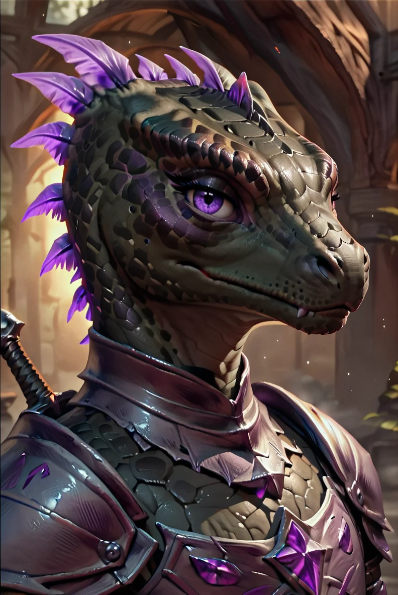 score_9, score_8_up, score_7_up, ((Lizard girl)), (Detailed scales, 3d scales, HD scaled body, 8k), (black skin), purple eyes, lizard wearing knight armor, sword, (Dtailed scaled face, highky detailed face), (portrait) <lora:Concept Art Eclipse Style LoRA_Pony XL v6:1>, <lora:Female_Argonian:1>