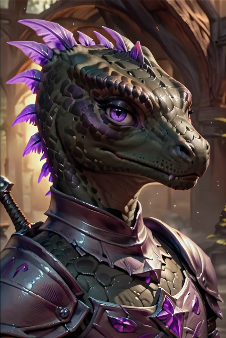 score_9, score_8_up, score_7_up, ((Lizard girl)), (Detailed scales, 3d scales, HD scaled body, 8k), (black skin), purple eyes, lizard wearing knight armor, sword, (Dtailed scaled face, highky detailed face), (portrait) <lora:Concept Art Eclipse Style LoRA_Pony XL v6:1>, <lora:Female_Argonian:1>