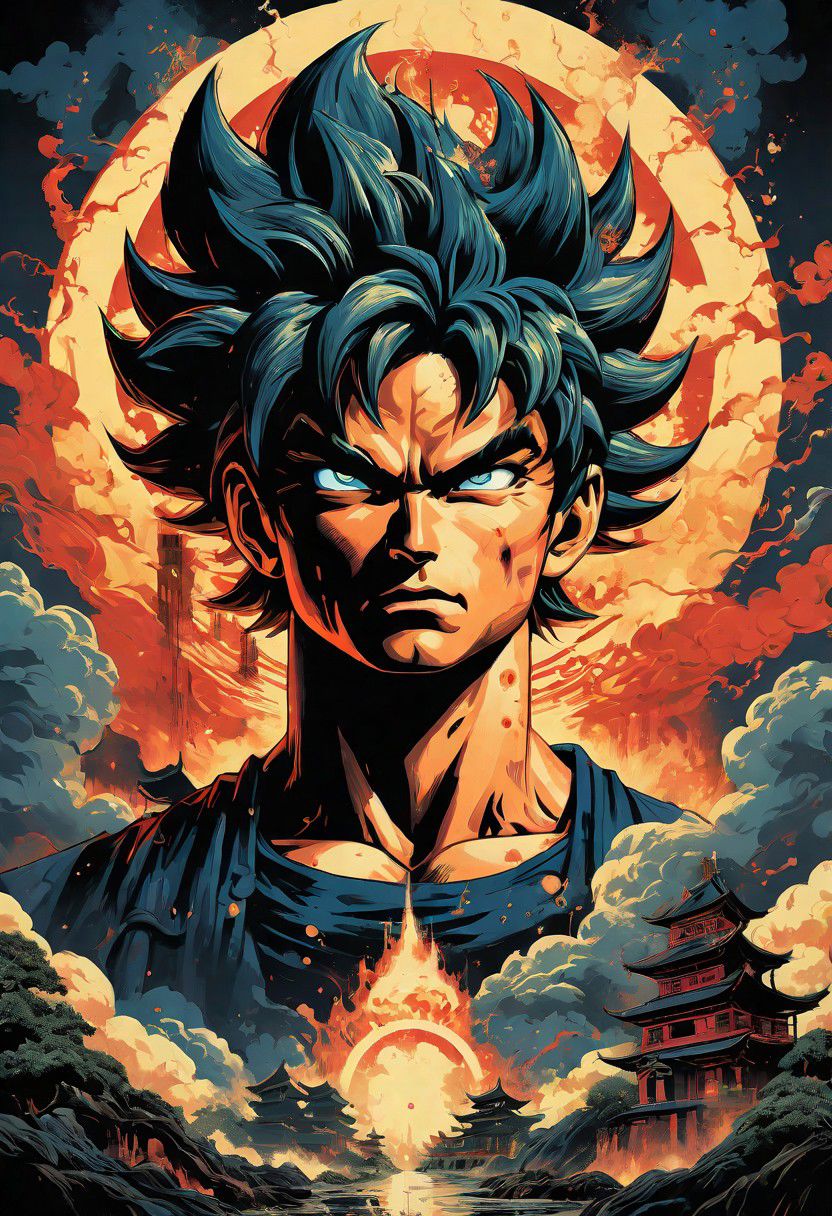 Anime illustration inspired by the four elements of nature, reminiscent of the style of James Jean, the iconic Goku from Dragon Ball navigates a port city setting, depicted in a poster format akin to the detailed atmospheric portraits of John Pitre, combining elements of deathcore and biopunk horror art. The dark and intricate scene unfolds with unique illustrations and precisionist oil painting techniques, incorporating airbrushed mystical landscapes and intricate psychedelic details, all in a palette of dark azure and red, evoking a witchcore aesthetic.