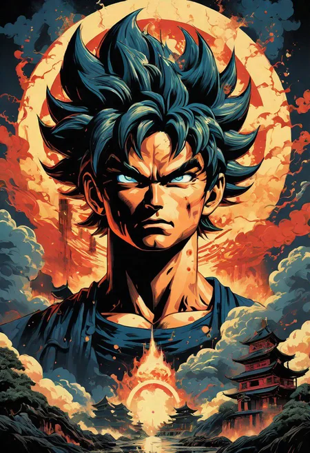 Anime illustration inspired by the four elements of nature, reminiscent of the style of James Jean, the iconic Goku from Dragon Ball navigates a port city setting, depicted in a poster format akin to the detailed atmospheric portraits of John Pitre, combining elements of deathcore and biopunk horror art. The dark and intricate scene unfolds with unique illustrations and precisionist oil painting techniques, incorporating airbrushed mystical landscapes and intricate psychedelic details, all in a palette of dark azure and red, evoking a witchcore aesthetic.