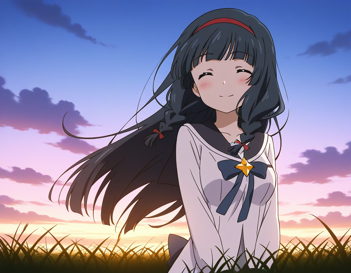 general,highres, ultra-detailed,very aesthetic,best quality ,best hands,  BREAK <lora:Itsuki_Houkago_no_Pleiades_IS:1> BREAK,
Itsuki(Pleiades), 1girl,solo, black hair, long hair, blue eyes, red hairband, twin braids, blunt bangs,breasts, anime coloring, BREAK,
 solo, closed eyes, school uniform, blush, smile, cloud, sky, serafuku, upper body, long sleeves, cloudy sky, closed mouth, shirt, ribbon
grass, sky,