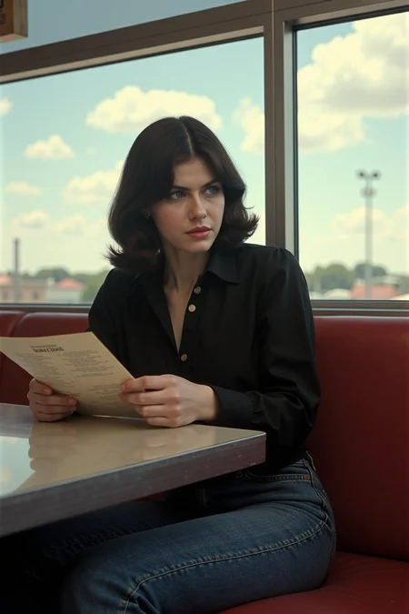 vintage, film still, retro film footage, a woman with raven black hair, in an formal full sleeve buttoned up blackshirt and jeans, relaxed
upper body portrait picture of her as she sits in a diner waiting for her breakfast (looking at the menu:1.5), (eyes at the menu:1.5) in a sitting booth alone, indoor lights, flash photography, overexposure, grain, film grain, sunny weather, clear sky, clouds, warm skin tones