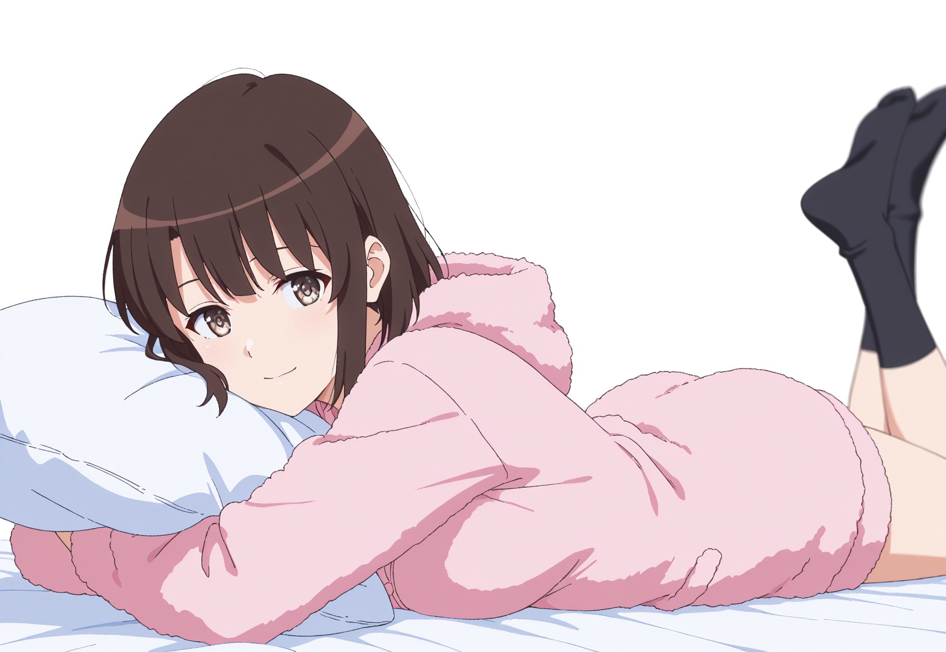 safe_pos, anime coloring, simple background, white background, lying on stomach, hugging pillow, side view, feet up, tilted head, soft smile, 

1girl,Megumi <lora:IL-KatoMegumi:0.8>,brown hair,katou megumi,brown eyes,medium breasts,short hair, fur Hoodie, long Sleeve, black sock, 

source_anime, anime,screencap, absurdres, 8k, ultra sharp, ultra detailed, high contrast, good contrast, depth of field,anime screencap , detailed eyes,