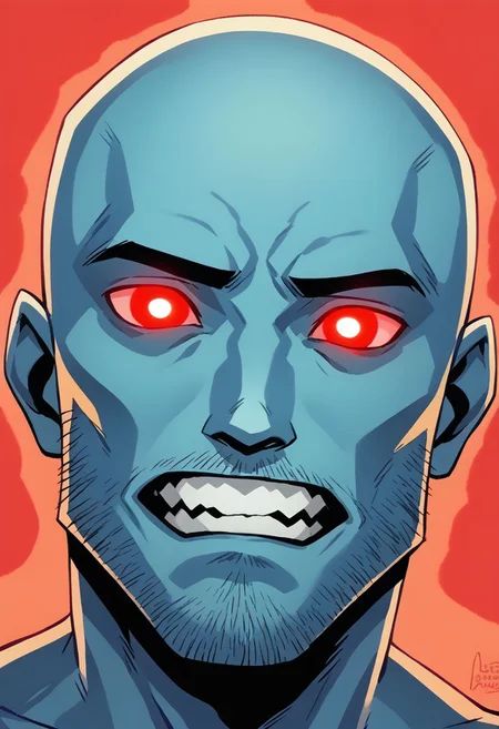niji comix style, 1boy, male focus, solo, bald, no pupils, teeth, facial hair, third eye, red background, glowing, glowing eyes, colored skin, blue skin, collarbone, comic art style, illustration
zPDXL2