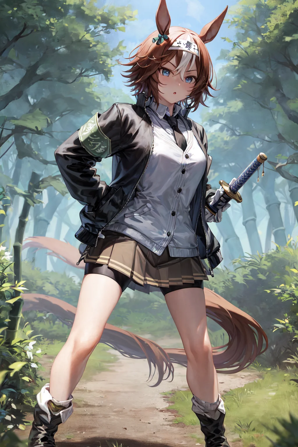 masterpiece, best quality,
bamboo memory \(umamusume\),
standing, full body, bamboo forest, hands on hip,
wooden sword, sheath wooden sword,
hachimaki, black necktie, white shirt, collared shirt, gray shirt, black jacket, white jacket, open jacket, armband, white gloves, long sleeves, pleated skirt, brown skirt, bike shorts under skirt, black shorts, miniskirt, white socks, boots, black footwear
<lora:banboo_memory_loha:0.7>