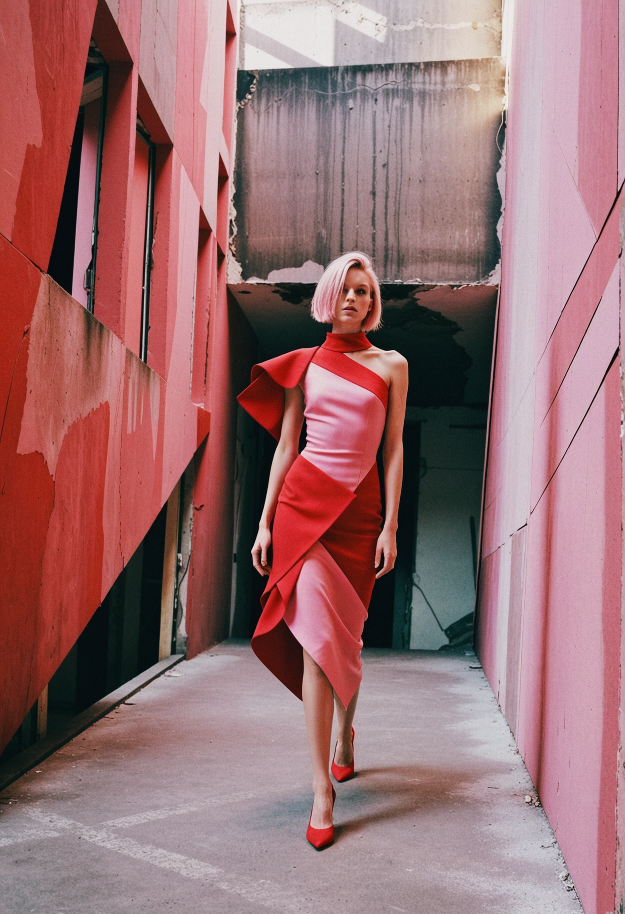 rp_slgd, unconventional photo, high angle shot of 1girl topmodel aesthetically posing walking while wearing an asymmetrical avant-garde couture made of multi-layered fabrics in red-pink color , set in an empty brutalist building, experimental architecture with angular shapes, daytime, highly detailed, film grain   <lora:dmd2_sdxl_4step_lora>
