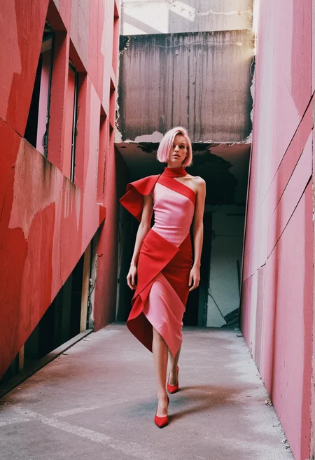 rp_slgd, unconventional photo, high angle shot of 1girl topmodel aesthetically posing walking while wearing an asymmetrical avant-garde couture made of multi-layered fabrics in red-pink color , set in an empty brutalist building, experimental architecture with angular shapes, daytime, highly detailed, film grain <lora:dmd2_sdxl_4step_lora>