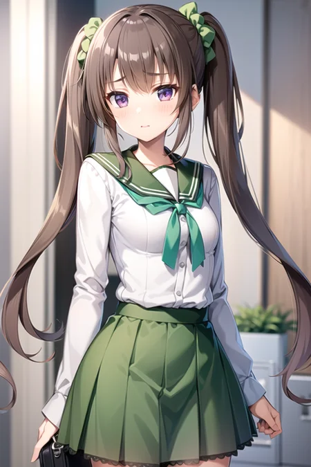 1girl,light brown hair, purple eyes, long hair, twintails, asymmetrical bangs, asymmetrical hair, white scrunchie, hair scrunchie, school uniform, green sailor collar, green skirt, checkered skirt, light green ribbon, frilled shirt,
