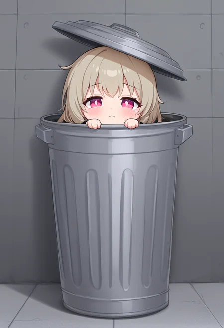 (masterpiece, high quality, amazing detail), highres, 1girl, in trash can, chibi, cute, look at viewer, <lora:In_trash_can:1>