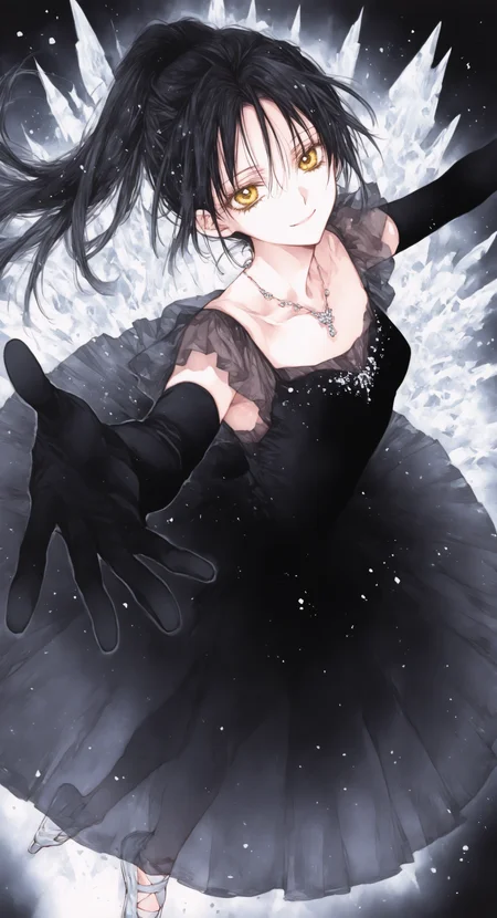 masterpiece,best quality,amazing quality, 1girl, solo, long hair, looking at viewer, smile, black hair, gloves, dress, jewelry, yellow eyes, ponytail, black gloves, elbow gloves, necklace, black dress, floating hair, outstretched arm, reaching, reaching towards viewer, ballerina, ballet slippers, ballet, tutu, ice skates, tanemura arina,
ma1ma1helmes_b_illu, <lora:ponyv6_noobE11_2_adamW-000017:0.3> <lora:XXX667:0.6> <lora:96YOTTEA-WAI:0.5> <lora:TanemuraArinaIllustriousV1:0.85>