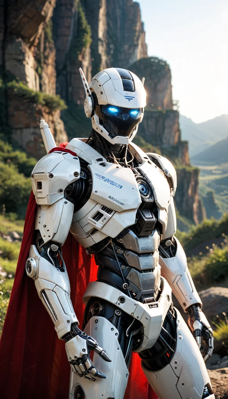 score_9, score_8_up, score_7_up, Raw Photo, Portrait, mecha (white robot), black glass full helmet, not visible face, red cape, blue glowing eyes, science fiction, glowing, white|blue metal color, intense sunlight, outdoors, landscape, cinematic lighting, amazing quality, wallpaper, depth of field, dynamic angle, photo realistic:1.4, photo realistic:1.4, realistic metal:1.4, cinematic photography, sharp, analog film grain, hyperdetailed:1.15