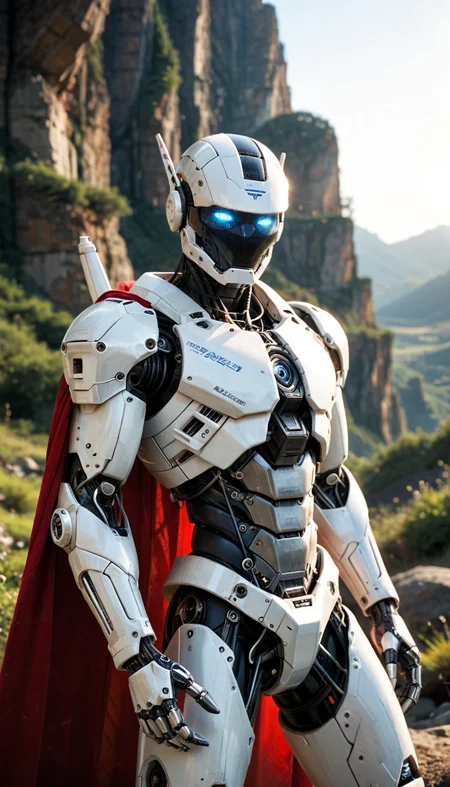 score_9, score_8_up, score_7_up, Raw Photo, Portrait, mecha (white robot), black glass full helmet, not visible face, red cape, blue glowing eyes, science fiction, glowing, white|blue metal color, intense sunlight, outdoors, landscape, cinematic lighting, amazing quality, wallpaper, depth of field, dynamic angle, photo realistic:1.4, photo realistic:1.4, realistic metal:1.4, cinematic photography, sharp, analog film grain, hyperdetailed:1.15