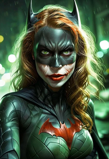 (((close up))) portrait of (batgirl) as a beautiful 25 year old woman, wearing batman mask, petite, small perky breasts, with orange hair, wide green eyes, ((blood shot eyes)), powder white skin, very white skin, pale skin, red lips, smeared lip stick, scary smile, joker smile, (((green gas floating around her, green fog floating around her ((looking at viewer)), at night, city roof top, dark, detailed volumetric fog, dark, cinematic lighting. cold light and colors, cinematic lighting, Photo realism. Gothic atmosphere to imgage