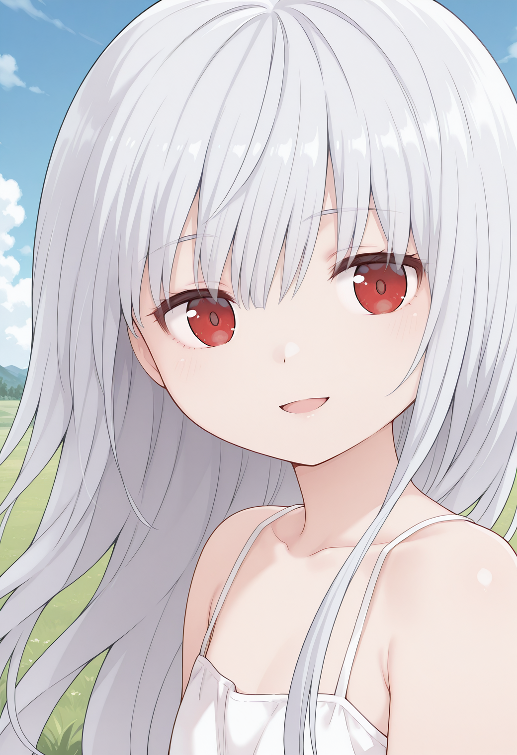 maisora_angel, red eyes, grey hair, long hair, very long hair, bangs, sundress, sleeveless, <lora:maisora_angel_illustrious_ver1:0.8> 
smile,, masterpiece, best quality, sensitive,, 1girl, solo, blue sky, (grasslands:1.2), looking at viewer,, (upper body:1.2), (close-up:1.2), (facing viewer:1.2), (open eyes:1.4), (portrait:1.2)