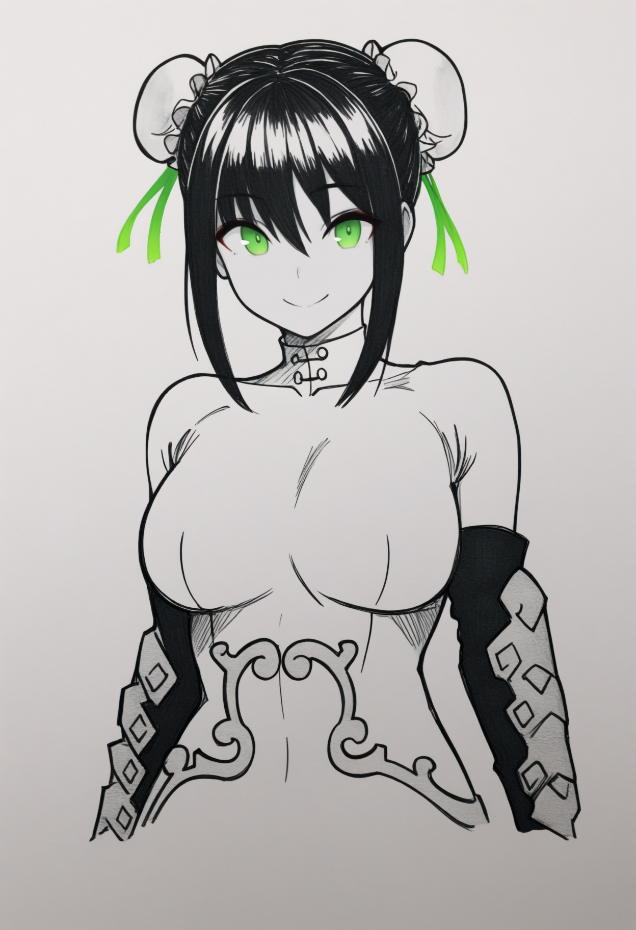 masterpiece, best quality, 1girl, solo, L1angDef, green eyes, black hair, double bun, bun cover, sidelocks, bodysuit, skin tight, fingerless gloves, arm guards, portrait, greyscale, spot color, monochrome, lineart, sketch, graphite \(medium\), traditional media, looking at viewer, three quarter view, smile, simple background, cropped torso, <lora:ChamQinLiangyuNoob:1>