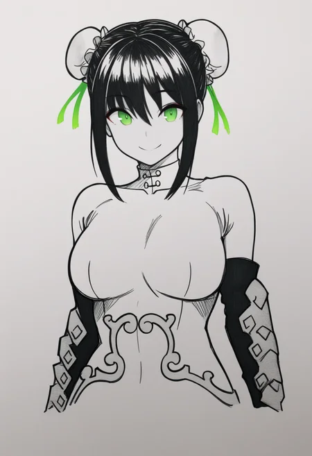 masterpiece, best quality, 1girl, solo, L1angDef, green eyes, black hair, double bun, bun cover, sidelocks, bodysuit, skin tight, fingerless gloves, arm guards, portrait, greyscale, spot color, monochrome, lineart, sketch, graphite \(medium\), traditional media, looking at viewer, three quarter view, smile, simple background, cropped torso, <lora:ChamQinLiangyuNoob:1>