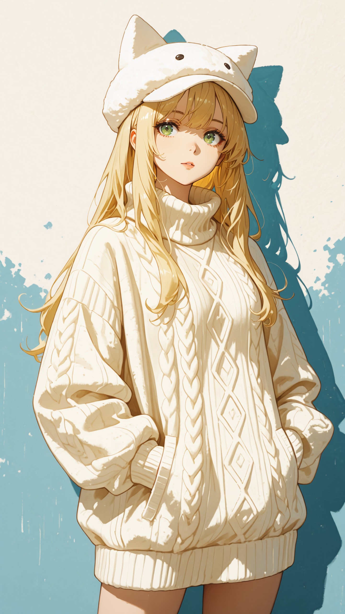 (best quality:1.1), absurdres, (impressionism:1.4)
1female,  animal hat, blonde, long hair, oversized sweater, hand in pocket, green eyes, guilt,
