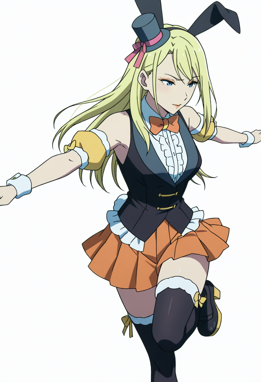 Smooth Quality,masterpiece,very intricate, high quality details, ultra realistic, high detailed skin,detailed enviorement,absurdres,anime screencap, 
simple background, white background, dancing, 
 <lora:Moonbeams_Manager_CNR:0.7> moonbear_cnr, 1girl,blonde hair, long hair, blue eyes,rabbit ears, fake animal ears, bare shoulders, makeup, lipstick, mini top hat, black vest, shirt,puffy short sleeves, detached sleeves, wrist cuffs,orange pleated skirt, black thighhighs, frills,bowtie, platform footwear,, raised eyebrow,, :>=,