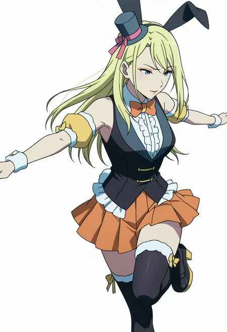 Smooth Quality,masterpiece,very intricate, high quality details, ultra realistic, high detailed skin,detailed enviorement,absurdres,anime screencap, 
simple background, white background, dancing, 
 <lora:Moonbeams_Manager_CNR:0.7> moonbear_cnr, 1girl,blonde hair, long hair, blue eyes,rabbit ears, fake animal ears, bare shoulders, makeup, lipstick, mini top hat, black vest, shirt,puffy short sleeves, detached sleeves, wrist cuffs,orange pleated skirt, black thighhighs, frills,bowtie, platform footwear,, raised eyebrow,, :>=,