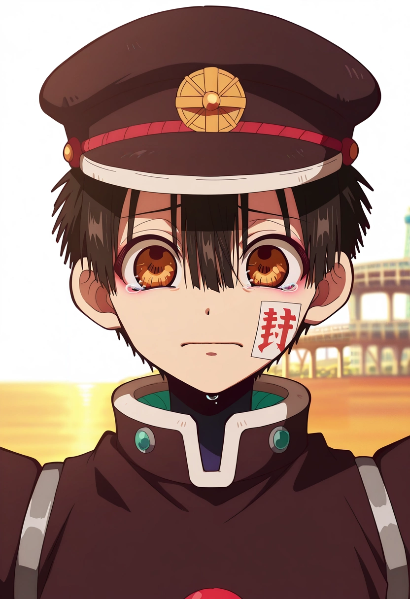 masterpiece, best quality, , anime screencap, anime coloring, official style, , 1boy, solo, male focus, <lora:hanako-kun_ilxl:0.92>, hanako-kun, black hair, brown eyes, short hair, hair between eyes, bangs, hat, black headwear, , , close-up, niagara falls, noon, dancing, tearing up, robot costume