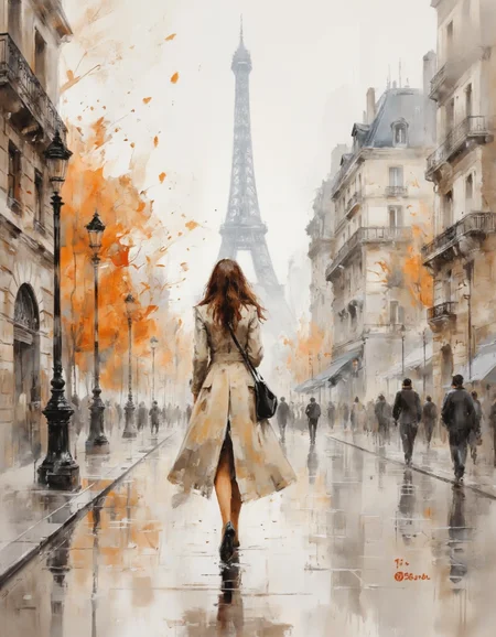 AquarelleIV. A photo-realistic painting of a woman walking in a rainy city street, with the eiffel tower in the background. the woman, who appears to be in her mid-twenties, is facing away from the viewer, with her long brown hair cascading down her back. she is wearing a long, beige trench coat that reaches down to her knees, and a black crossbody bag slung over her shoulder. her expression is calm and contemplative, as if she is lost in thought. the cityscape behind her is filled with tall buildings, street lamps, and abstract shapes in shades of orange and beige, creating a sense of movement and energy. the overall mood of the image is one of serenity and tranquility, with a focus on the woman's contemplative state.