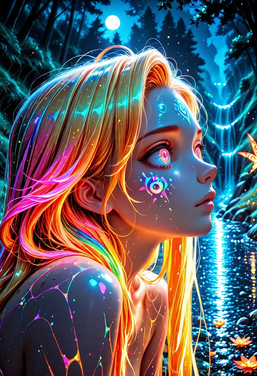 SmoothNoob_Quality, close-up, perfect eyes, goddess, nature, night, (moonlight), river, floating palace, beautiful and delicate water, (bloom), (shine), colorful, dynamic vivid colors, panorama, landscape, Colorful portraits, dynamic lighting, Natural atmospheric lighting, elegant,