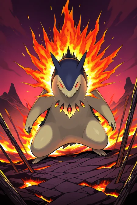 masterpiece, best quality, no humans, pokemon (creature), fire, <lora:TyphlosionPokedexIXL:1.0>, Lovecraftian Horror, zzTyphlosion in ancient ruin, eldritch symbol, cosmic horror, twisted landscape, shadowy figure, mist, glowing eyes, unsettling atmosphere