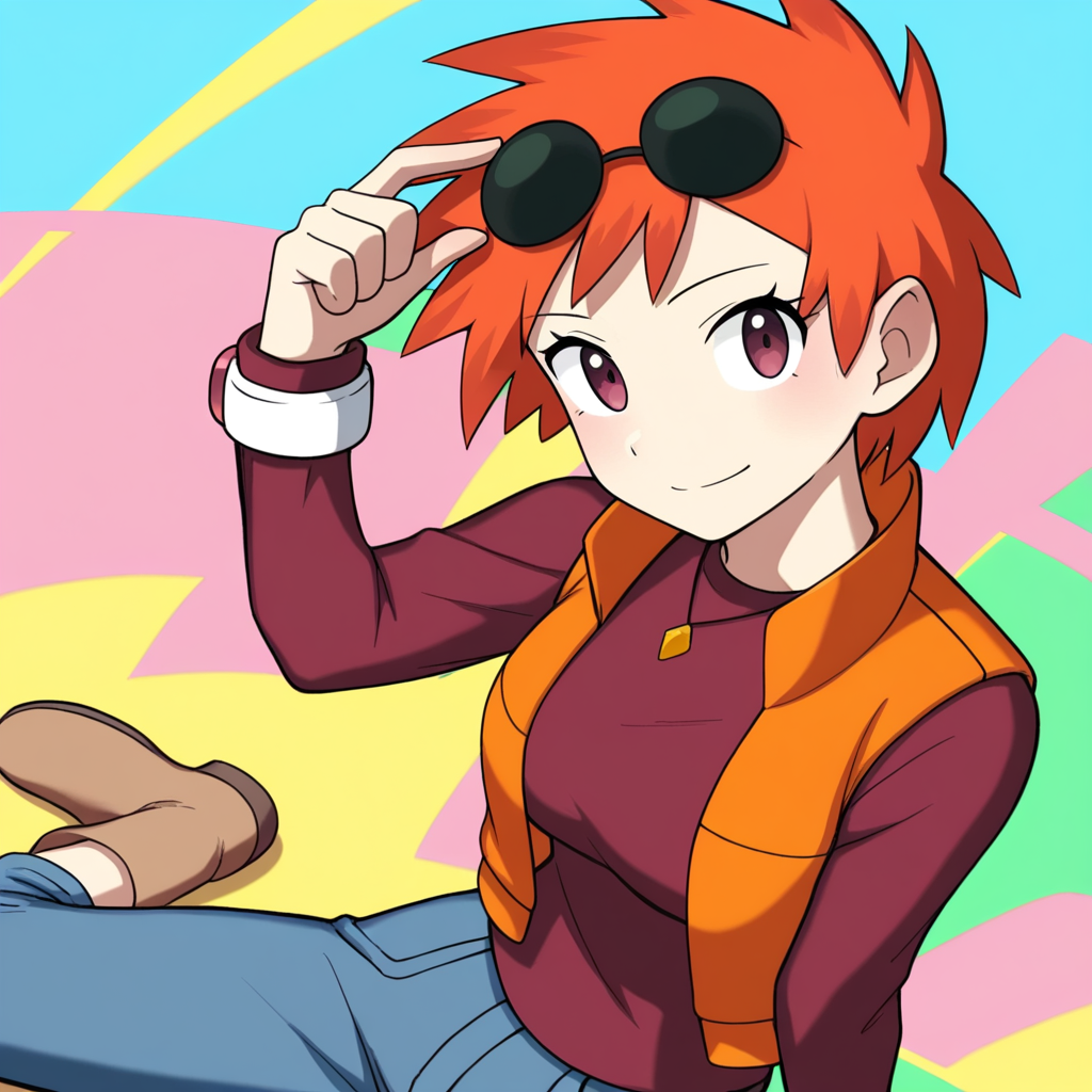 2d, masterpiece, best quality, amazing quality, highres, absurdres, newest, 1girl, solo, sitting, yokozuwari, from above, dutch angle, looking at viewer, multicolored background, simple background, colorful background, medium breasts, pkzoey, orange hair, short hair, spiked hair, bangs, necklace, eyewear on head, sunglasses, red shirt, long sleeves, bracelet, orange vest, jeans, denim, capri pants, boots, brown footwear
