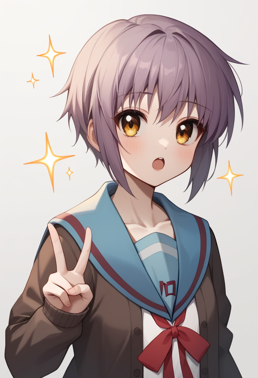 score_9,score_8_up,score_7_up,<lora:nagato_yuki_pony:1>,nagato_yuki, double_v, simple_background, brown_cardigan, red_ribbon, winter_uniform, kita_high_school_uniform, long_sleeves, open_mouth, highres, serafuku, solo, sparkle, collarbone, open_cardigan, commentary_request, blue_sailor_collar, 1girl, white_background, looking_at_viewer