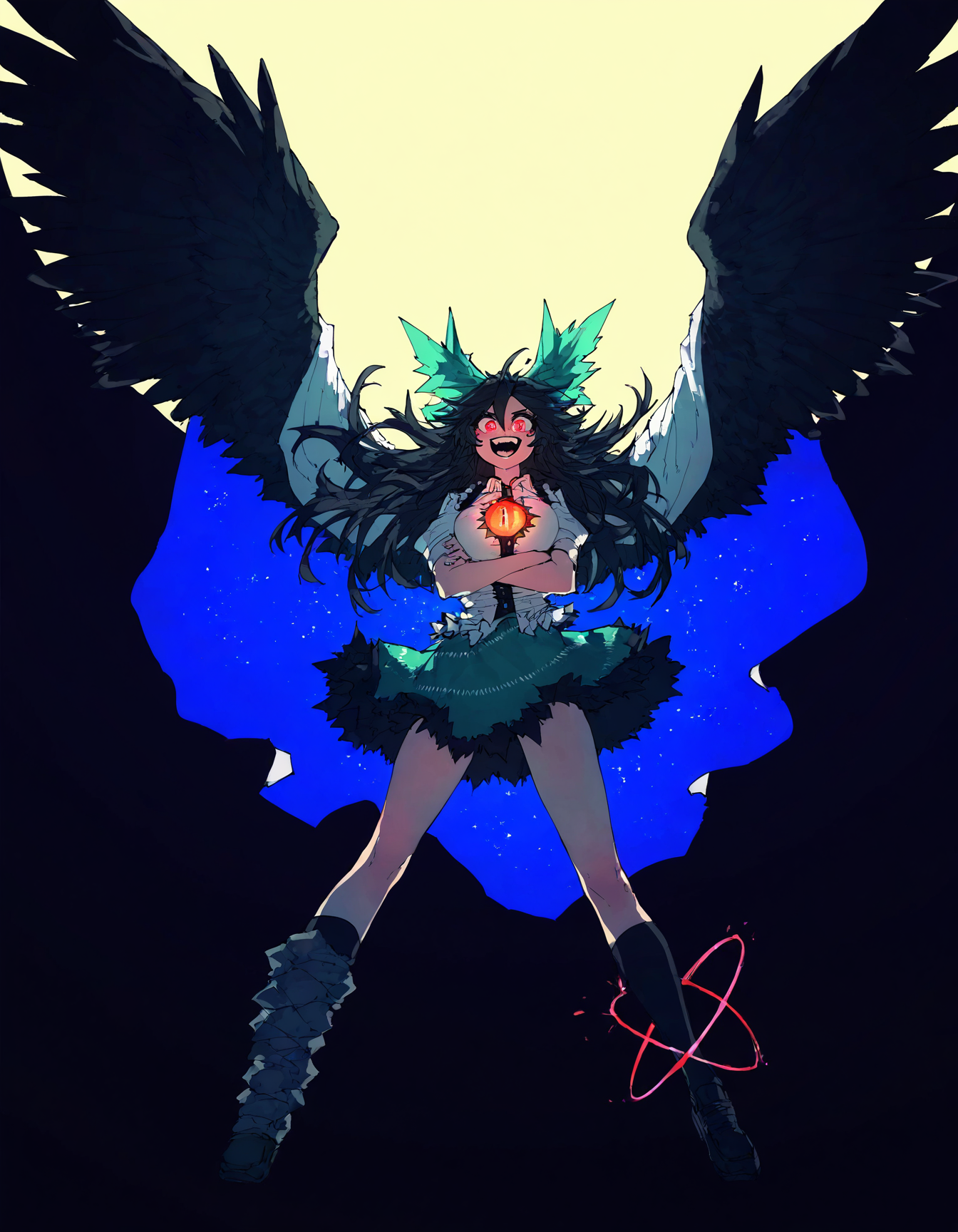 touhou, reiuji_utsuho,1girl,black_footwear,black_hair,black_socks, black_wings ,bow, cape ,feathered_wings, glowing, glowing_eyes, green_bow ,green_skirt ,hair_bow ,kneehighs, long_hair, looking_at_viewer ,red_eyes ,shirt ,skirt ,socks, solo ,starry_sky_print, sun ,teeth ,third_eye, white_shirt, wings, cowboy_shot, face focus, gunbuster_pose ,laughing , open mouth, upper_teeth_only, pov, from side, crossed arms,
(masterpiece, best quality, high quality, absurdres, highres, newest, very awa),(zyugoya:0.8),quasarcake:0.7, Fishine,