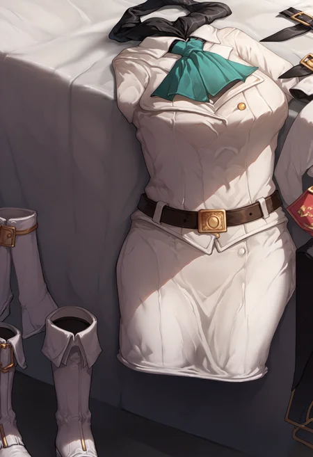 Prompt,
score_9,score_8_up,score_7_up,source_anime, <lora:clothes_removed:1> clothes removed, no humans
<lora:elie-pdxl-nvwls-v1:1> zeroElie, black hairband, hair ribbon, , ascot, uniform, white dress, pencil skirt, belt, black pantyhose, white boots