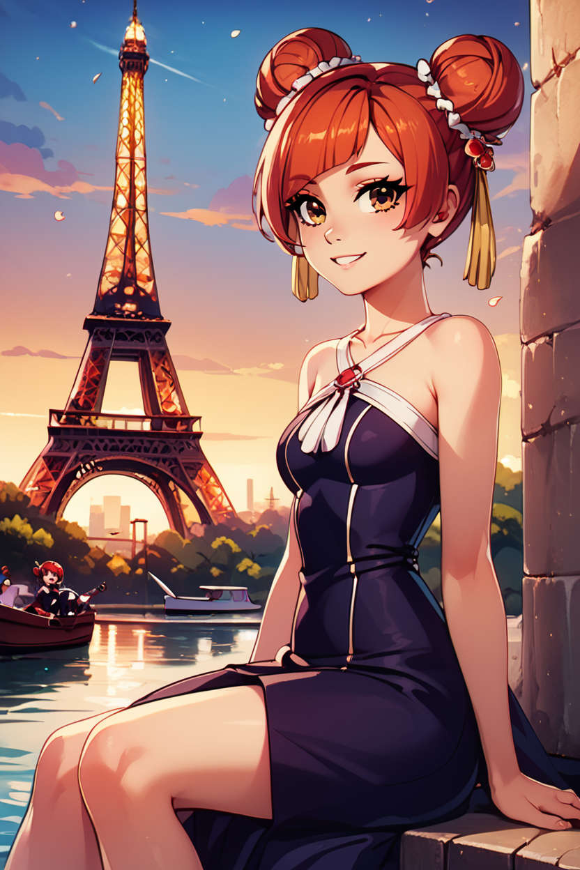 score_9, score_8_up, score_8, medium breasts, (curvy), cute, eyelashes,       BREAK, ,  zzLaufen, hair bun, double bun, red hair, short hair, brown hair, brown eyes, hair ornament, bare shoulders, black dress, collarbone,  <lora:LaufenFrieren_PDXL_v1:0.8>,  , BREAK, zzEiffelTower in background, sitting, watercraft, boat, sitting on wall, side view, looking at viewer, smile, ,,, BREAK, blooming stars, luminescent petals, otherworldly fragrance blurry background, ,,, embedding:zPDXL, Expressiveh, ,,, <lora:EiffelTowerPDXL:0.8>, <lora:CatalystStylePDXL:0.6>, <lora:SDXLFaeTastic2400:0.5>, <lora:Expressive_H-000001:0.4>,