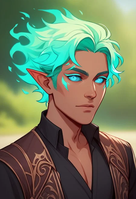 (((beautiful, high quality))), upper body, score_9, score_8_up, score_7_up, solo,
looks at the viewer,
FireGenasi, fire hair, colored sclera, dark skin, pointed ears, 1boy, male focus, green fire hair, blue eyes, black shirt, plunging neckline,
outdoor, fantasy background, nature, blurred background,