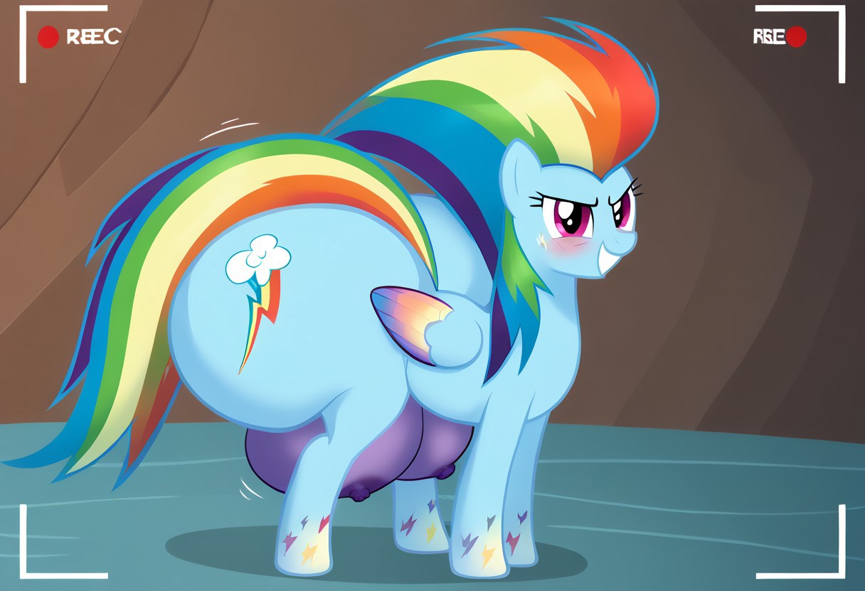 score_9, score_8_up, score_7_up, masterj291´Style, highres, hi res, best quality, masterpiece, <lora:add-detail-xl:.5>, my little pony, solo, background, detailed background, ((my little pony, <lora:mlp: fim - rainbow power - rainbow dash:1>, rainbow dash, rainbow power, hooves, fantasy lighting, blue pegasus, large butt, grin, striped mane, gradient hooves,  stylized rainbow mane,)
), thoughtful expression, blushing expression, equine, fat ass, feral, huge ass, huge butt, plump, pony, quadruped, thick thighs, looking at the viewer ,ass crack,standing ,(Feral Pony, Pony Form, Huge crotchboobs,purple nipples, Hyper hips, thick thighs, hyper butt,large butt, butt overhang),sexy and cute thin legs,alicorn,horny,empty eyes, recording, twilight's kingdom, TWERKING