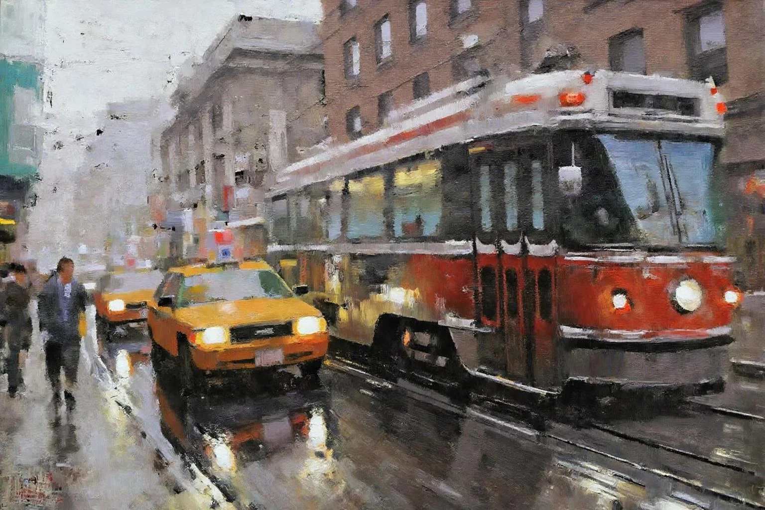 marklague1 painting.
An urban street scene with public transportation. A red streetcar moves along tracks in the foreground, with a yellow taxi to its left. Tall buildings with windows and signs fill the background. The street appears wet with reflections on the pavement. <lora:marklague1_cap_d8a4e12:1.0><lora:855113889598170061:0>