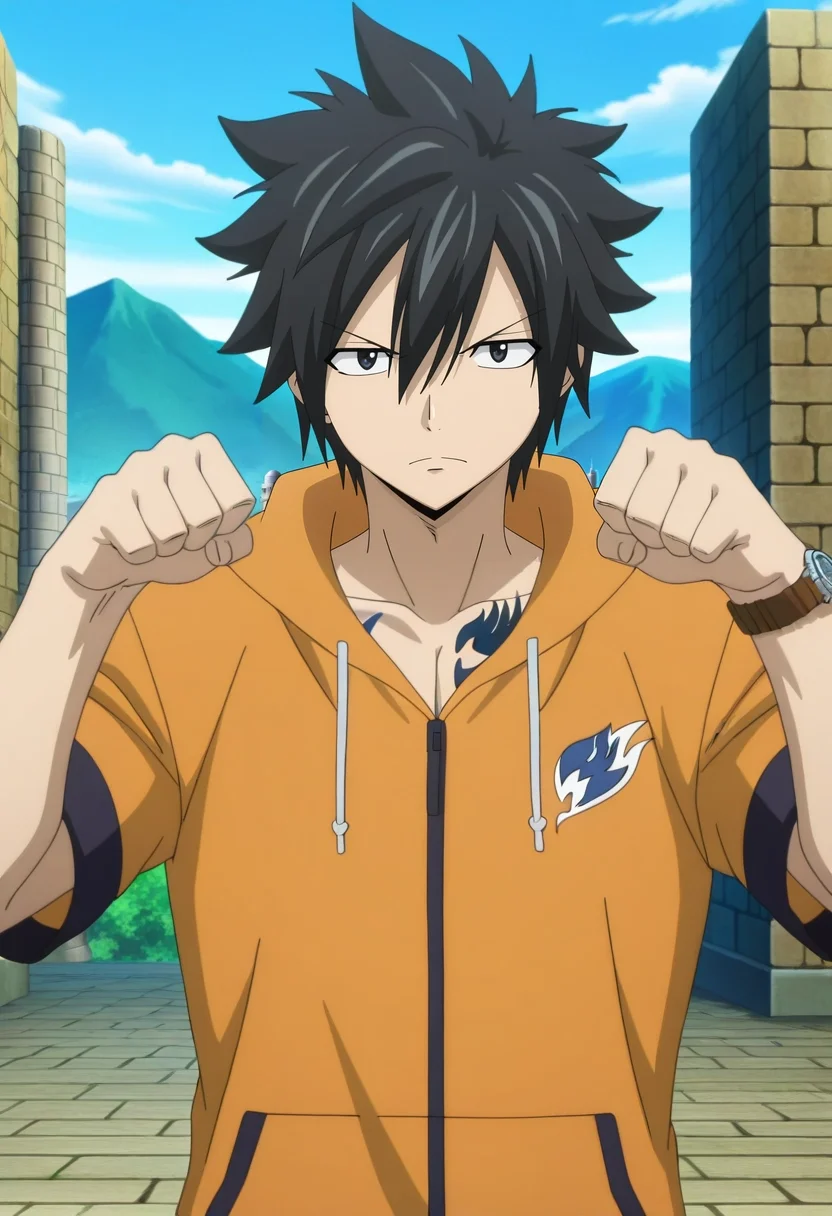 masterpiece, best quality, , anime screencap, anime coloring, official style, looking at viewer, 1boy, solo, male focus, <lora:gray_fullbuster_ilxl:0.98>, gray_fullbuster, black hair, black eyes, spiked hair, hair between eyes, tattoo, , mountain fortress, stone walls, watch towers, training grounds, guard pose, vigilant expression, afternoon, zombie hunter costume
