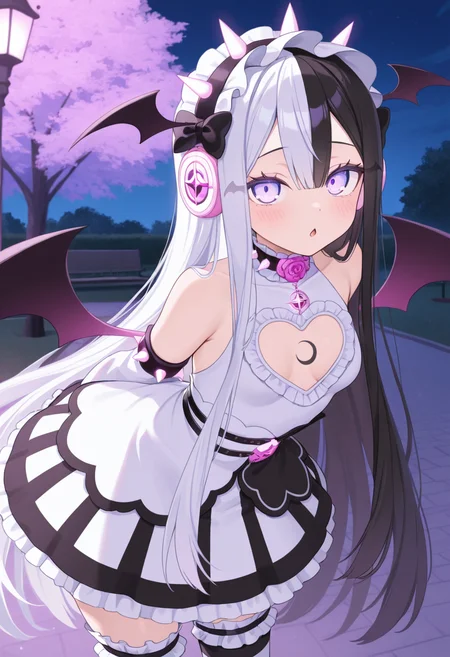 1girl,solo,from_side,<lora:solaecil:0.9>,solaec,purple eyes,white hair,black hair,long hair,split-color hair,multicolored hair,headphones,frills,dress,cleavage cutout,wings,striped,striped skirt,frilled thighhighs,looking_at_viewer,cowboy_shot,chestnut mouth,night,park,incredibly absurdres,masterpiece,best quality,good quality,newest,arms_behind_back,leaning_forward,