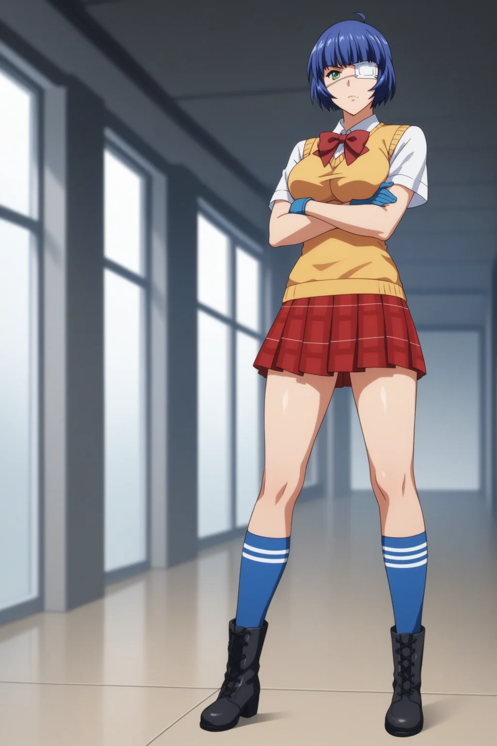 score_9, score_8_up, score_7_up, score_6_up, score_5_up, source_anime, rating_safe, medium breasts, indoors, 1girl, solo, looking at viewer, <lora:age_slider_v4:3>, (full body:1.2), (dynamic pose:1.2), ryomou shimei, blue hair, short hair, green eyes, eyepatch, Ryomouschool, short sleeves, white shirt, collared shirt, red bowtie, yellow sweater vest, blue gloves, red skirt, pleated skirt, blue kneehighs, striped socks, black boots, <lora:Shimei_Ryomou:0.8>, standing, crossed arms
