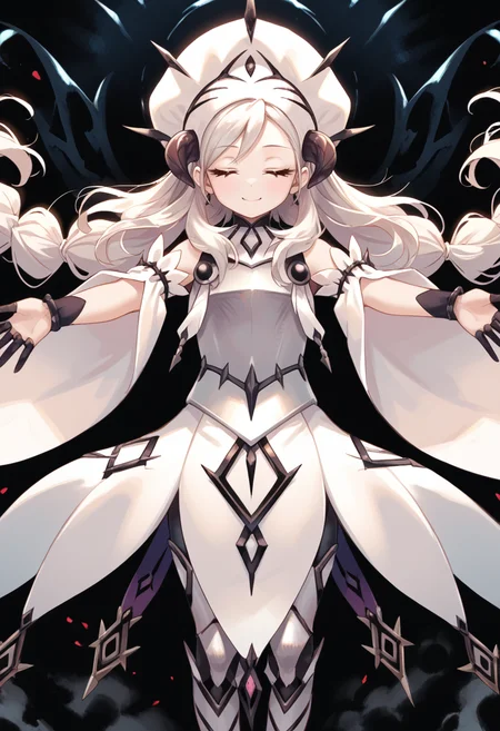 (score_9:0.9),score_8_up,score_7_up,rating_explicit,(zPDXL),(zPDXL3),
<lora:White Relic of Dogmatika ponyXL v1:0.75>,white relic of dogmatika,1girl,closed eyes,solo,smile,black gloves,white long skirt,closed mouth,black horns,white detached sleeves,white mitre,white thigh boots,white breastplate,dark theme, outstretched arms,