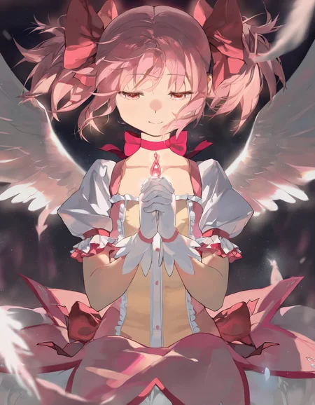 very awa, 1girl, kaname madoka \(magical girl\), kaname madoka, angel wings, praying, smile, half-closed eyes, close-up, blurry, cowboy shot, dark background, close-up, pink theme, glow, bloom, frills, underlighting, feathers, light particles, [masterpiece:0.15], [best quality:0.15], [newest:0.15], [absurdres:0.15]  <lora:stylelora-000012:1>