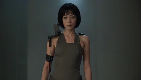 Motoko Kusanagi in Blade Runner 1982, neo noir, cyberpunk, cinema still medium shot 8k, wearing school uniform