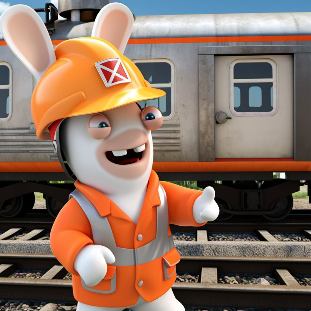a rabbit, dressed with an orange hardhat and orange workwear, train, railroad, highly detailed, photography, ultra sharp, film, professional, 64k  <lora:LapinsCrétins1024:0.8> <lora:add-detail-xl:1.5>