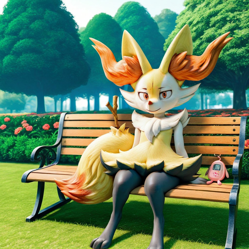 score_9, score_8_up, score_7_up, score_6_up, score_5_up, score_4_up, source_3d:1.5, 3d, detailed, high resolution, 4k, braixen_illust, tamagotchi, tamagotchi on park bench, braixen_illust tamagotchi,
park, bench, flowers, bush, trees, DRKDL