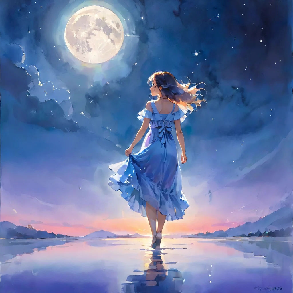 (masterpiece),(wallpaper), (best quality), (best illuminate, best shadow), (best illustration), dynamic angle,
(+++a girl+++) is walking in front of a delicate and beautiful moon-blue sky, solo, from side,
(Backlight), mid shot, (the beautiful and delicate girl:1.3), beautiful bare back, (detailed face:1.2), (long floating hair:1.2), (beautiful long dress:1.2), floating dress,
the girl (walking) on surface of the water, Beautiful and delicate violet light water surface, reflective water surface,
High saturation blue clouds and (stars sky) in the background, cold color
traditional watercolor painting,<lora:traditional_watercolor_painting:0.7>,